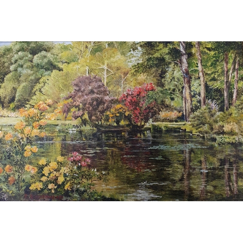 741 - A 20th Century Oil on Board of the pond in the Rothchild Estate by R Birkenhead. Signed LL. 30 x 44 ... 