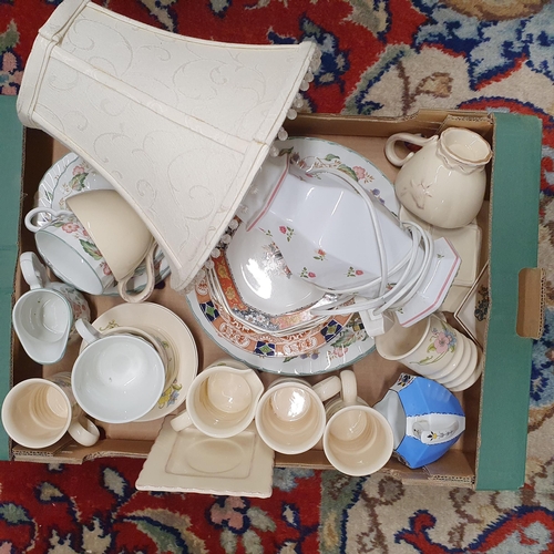 450a - 3 Boxed lots of Mixed ceramic Ornaments and part dinner services and a lamp .