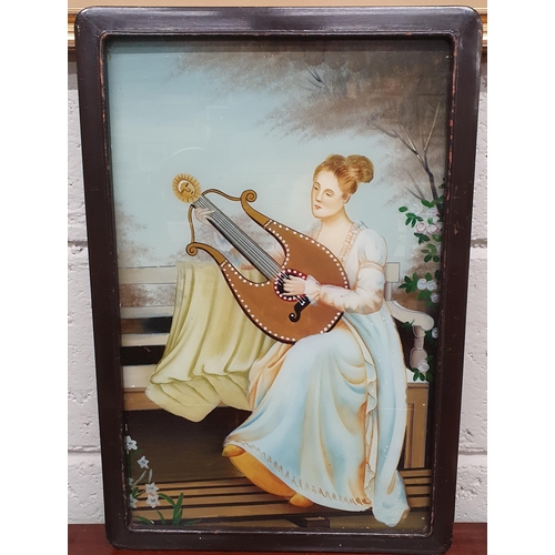 163 - A 19th Century hand painted reverse Picture on glass of a woman playing the lute, along with a scree... 