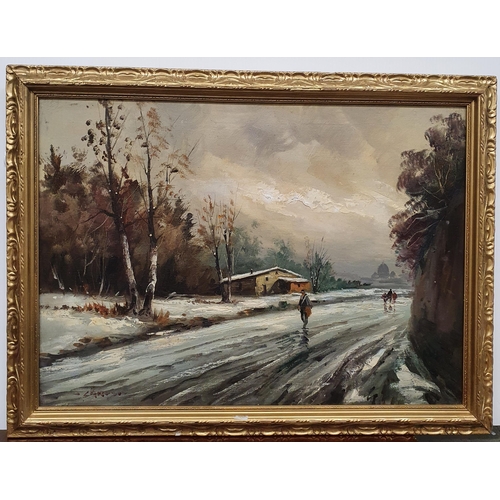 204 - A large oil on Canvas, winter scene indistinctly signed. 50 x 69 cm approx.