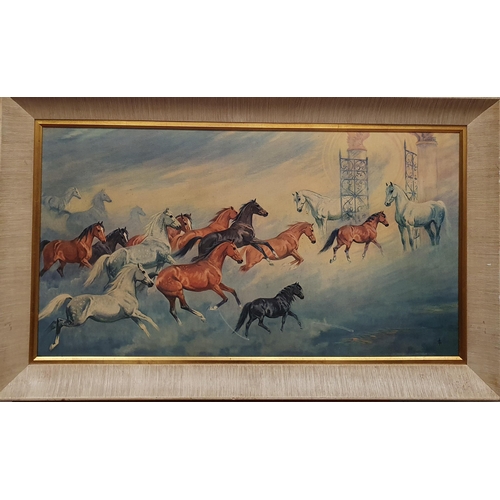 203 - A large coloured Print of galloping Horses. 55 x 90 cm approx.