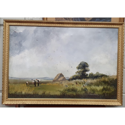 250 - A very large Oil on Canvas of farmers cutting grass. Signed indistinctly LL. In a good gilt frame. 6... 