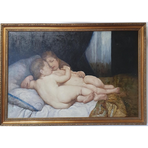 271 - A large Oil on Canvas after the original of two children lying in a bed signed LL.