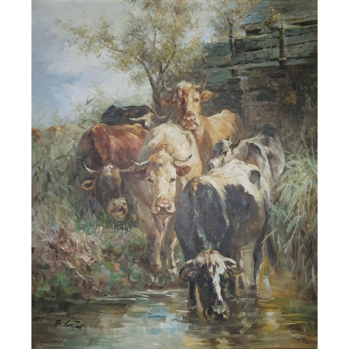 1 - B Norton. Oil on Canvas of cows drinking at a stream. Signed LL. In a good gilt frame. 62 x 51 cm ap... 