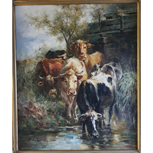 1 - B Norton. Oil on Canvas of cows drinking at a stream. Signed LL. In a good gilt frame. 62 x 51 cm ap... 