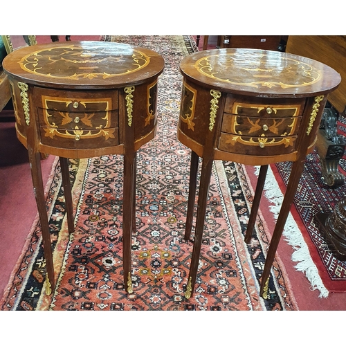 13 - A really good pair of Walnut and Inlaid oval three drawer Side Tables with ormolu mounts. 38 x 30 x ... 
