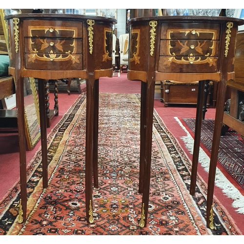 13 - A really good pair of Walnut and Inlaid oval three drawer Side Tables with ormolu mounts. 38 x 30 x ... 