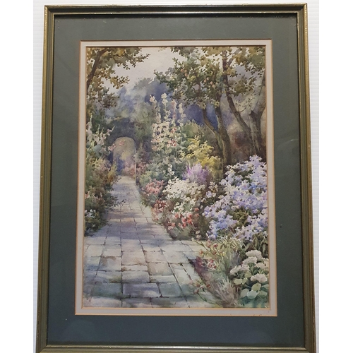 2 - H Bell. A 20th Century Watercolour still life of flowers in a walled garden. 35 x 26 cm approx.