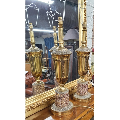 24 - A lovely pair of early to mid 20th Century Brass Table Lamps with marble shafts and bases. H 60 cm a... 