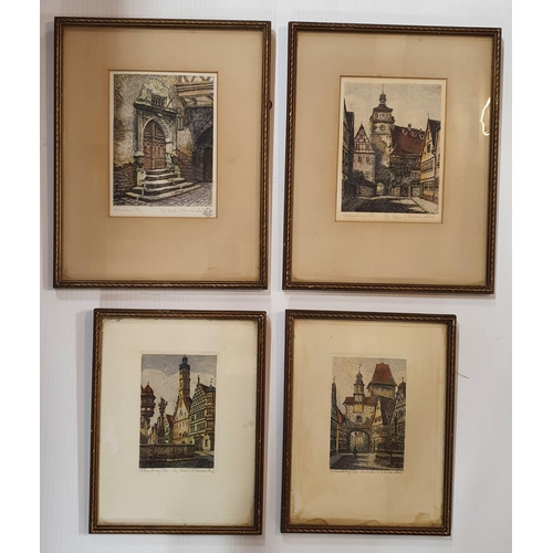 42 - A good set of four signed hand coloured Engravings of village scenes. 17 x 13, 14 x 9 cm approx.
