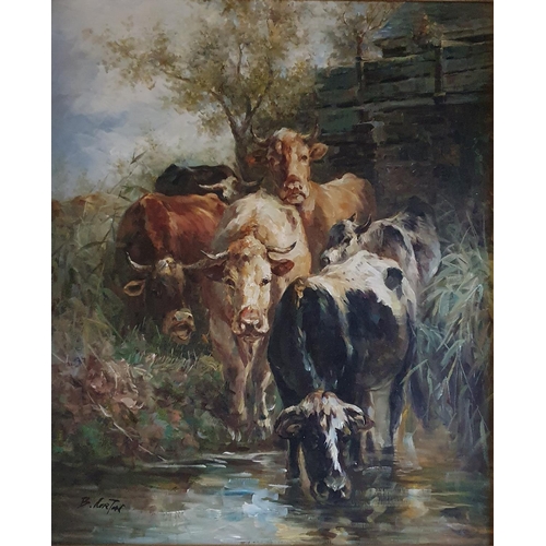 1 - B Norton. Oil on Canvas of cows drinking at a stream. Signed LL. In a good gilt frame. 62 x 51 cm ap... 