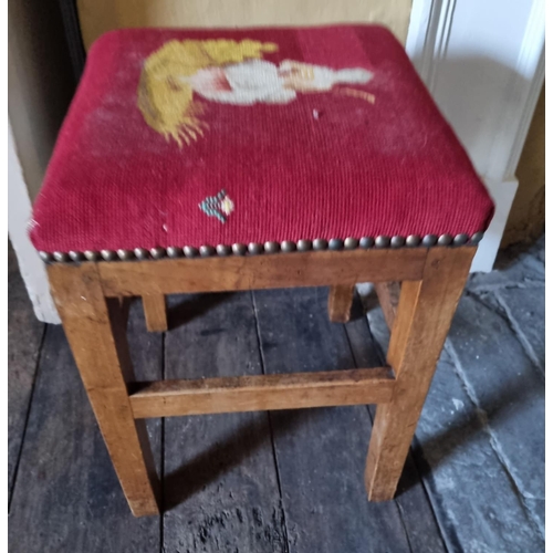 769 - A Fruitwood square Stool with tapestry style upholstery. 32 x 32 x H 46 cm approx.