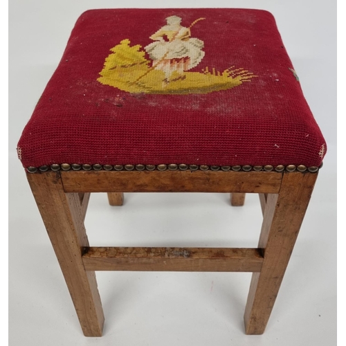 769 - A Fruitwood square Stool with tapestry style upholstery. 32 x 32 x H 46 cm approx.