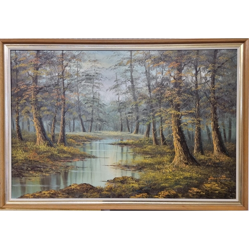 8 - A large Oil on Canvas of a wooded scene with a river. Signed Hampton LR.