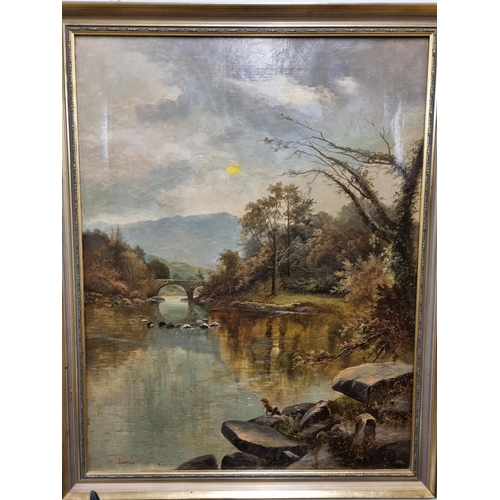 17 - A 19/20th Century autumn river landscape Oil on Canvas of a boy with fishing line at a pool in the f... 