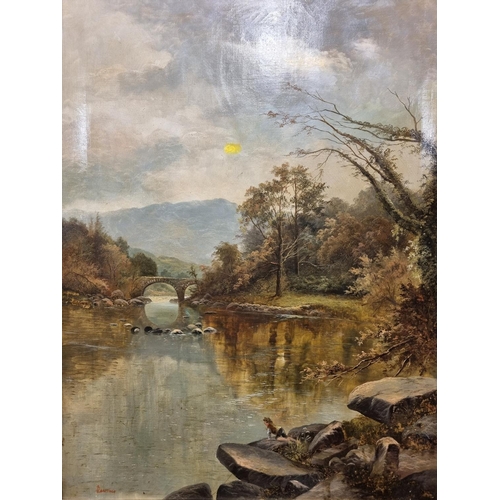 17 - A 19/20th Century autumn river landscape Oil on Canvas of a boy with fishing line at a pool in the f... 