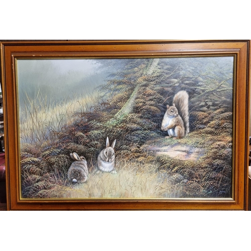 26 - A modern Oil On Canvas of a squirrel and two young rabbits. Signed Nance LR. 50 x 75 cm approx.