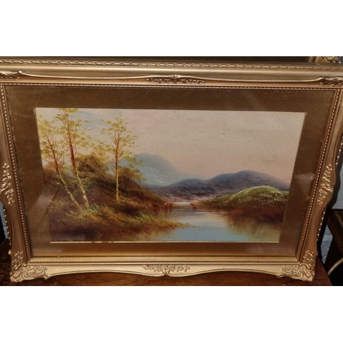 27 - A late 19th Century Oil on Paper of cows in a highland setting by a river. In a good gilt frame. 20 ... 