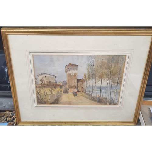 40 - A late 19th early 20th Century Watercolour of two women walking beside a lake with a town in the dis... 