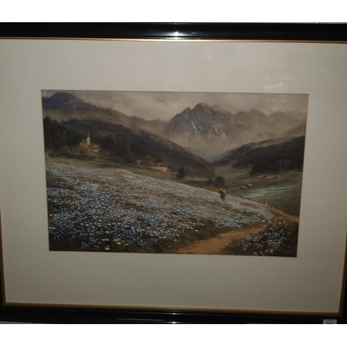 343 - A 19th Century coloured Print by John MacWhirter of an Alpine scene with flowers in the foreground, ... 