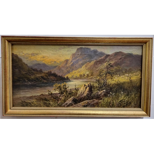 16 - A 19th Century Oil on Canvas by F E Jameson of a mountainous scene with river. Monogrammed LR. 20 x ... 