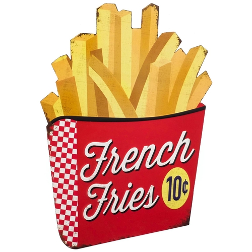 43 - An Embossed Tin Sign French Fries. Dimensions (H x W x D) approx. 50 x 35 x 1 cm.