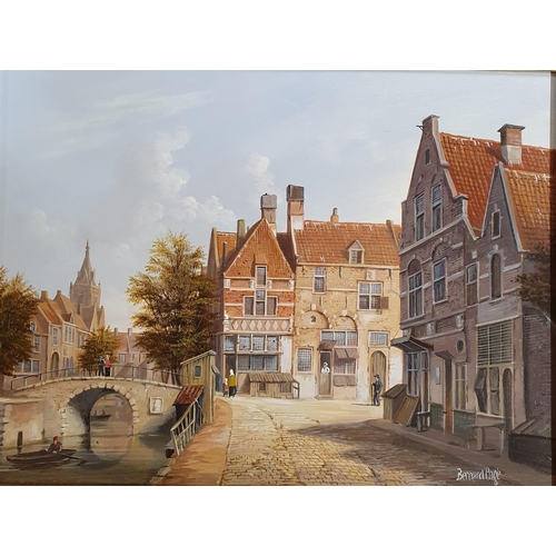 50 - Bernard Page. (1928-1988) Dutch street scene Oil on Board Signed lower right. Approx. 29cm x 39cm.
