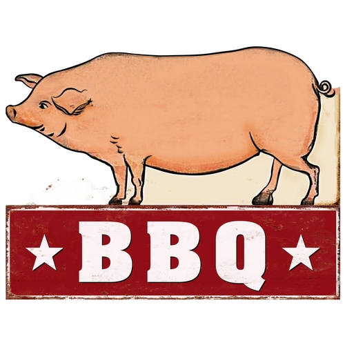 54 - An Embossed Tin Sign Pig 'BBQ'. Dimensions (H x W x D) approx. 53 x 70 x 1 cm.