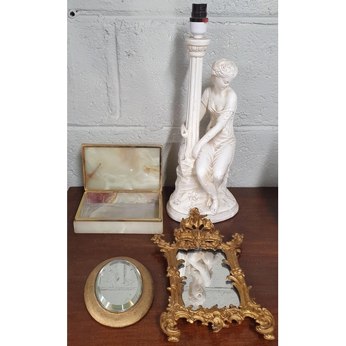 79 - A late 19th early 20th Century Metal miniature table Mirror, an onyx box, a 19th Century oval mirror... 