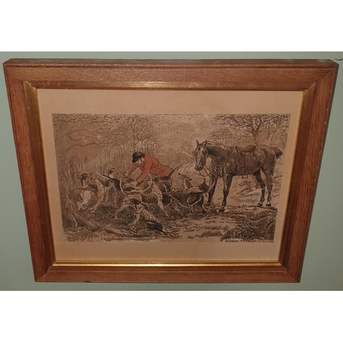 252 - After Cuthbert Bradley. An 18th Century hand coloured Engraving of huntsmen and hounds in a good oak... 