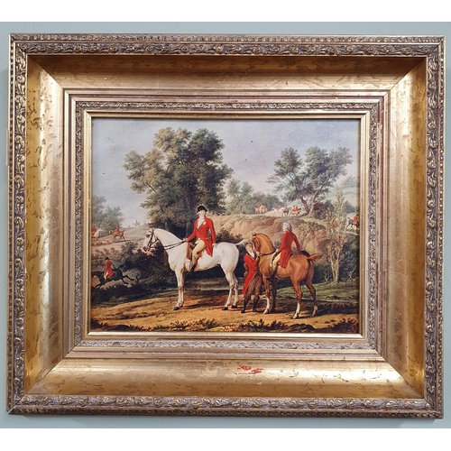 256 - An Oleograph Hunting scene in a good gilt frame. 36 x 41cm approx.