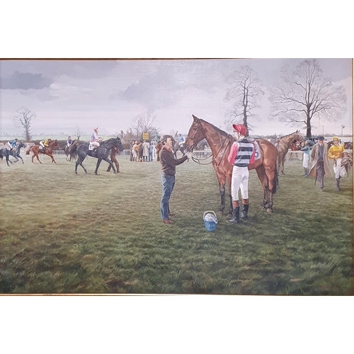 258 - A large Oil on canvas of a racing scene with jockeys up. Signed LR M S Whatley and titled verso. In ... 