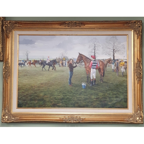 258 - A large Oil on canvas of a racing scene with jockeys up. Signed LR M S Whatley and titled verso. In ... 