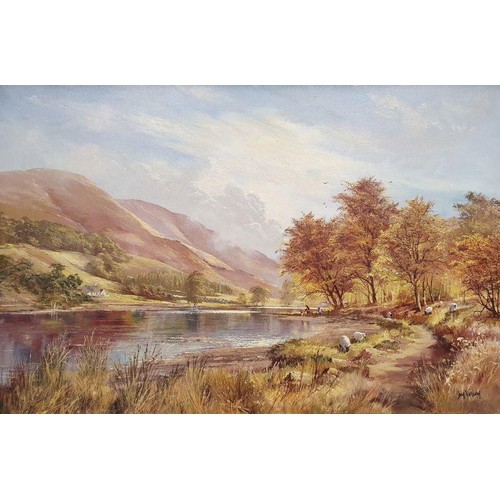 265 - Don Vaughan (1916-2005) A large Oil on canvas of a river landscape with figures and sheep in the for... 