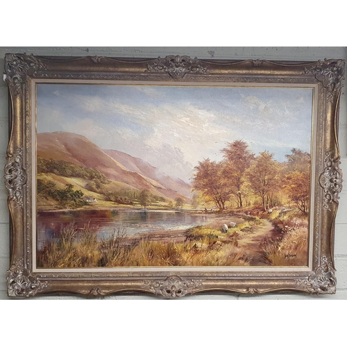 265 - Don Vaughan (1916-2005) A large Oil on canvas of a river landscape with figures and sheep in the for... 