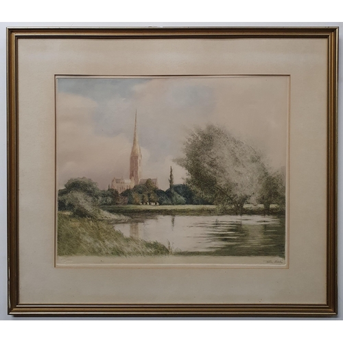 266 - An early 20th Century artist proof of a River with church in the distance, signed in the margin Tall... 