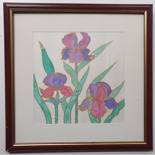 276 - Abstract Acrylic on Silk, still life of Iris. No apparent signature. 27 x 27cm approx.