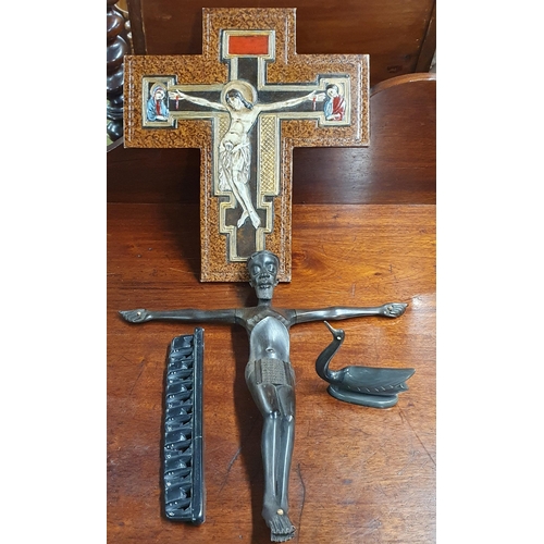 96 - A Leather fronted Cross along with  hardwood Crucifix and two other hardwood items. Cross 30 x 33cm ... 