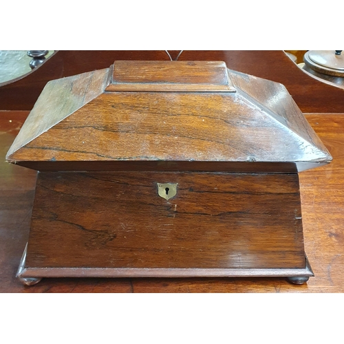 35 - A Regency Rosewood Tea Caddy of sarcophagus form, the hinged lid enclosing felt lined interior, on b... 