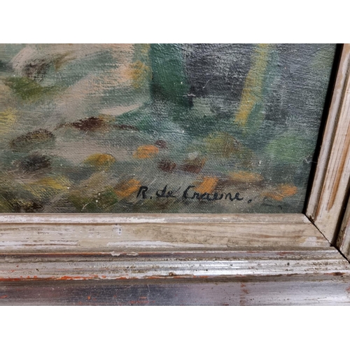 243 - Oil on canvas of a impressionist style church and street scene, possibly french school signed R De C... 