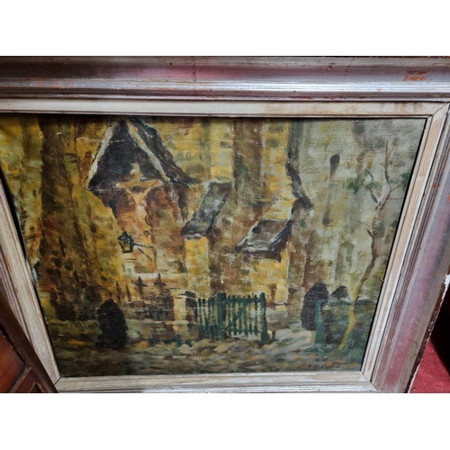 243 - Oil on canvas of a impressionist style church and street scene, possibly french school signed R De C... 