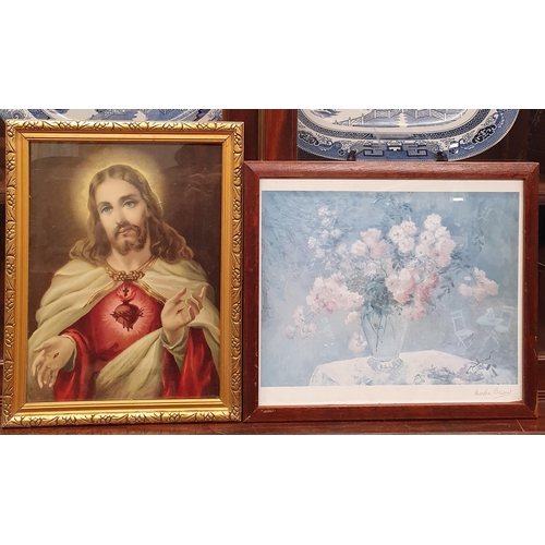 295 - A large Oil on Canvas along with 2 Framed Prints and a Picture of Sacred Heart Of Jesus .
Largest H ... 