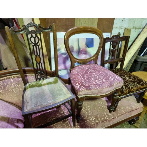 362 - A 19th Century balloon back Chair along with two other Chairs and a Metal Standard Lamp with shelf.