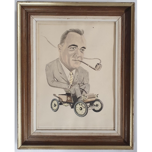 374 - A 1960's watercolour Caricature of a man smoking a pipe in a 1903 Ford by Gregorio Prendes .