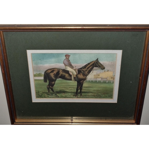 376 - An early 20th century Coloured Print of a racehorse with jockey up. 18 x 27 cm approx.