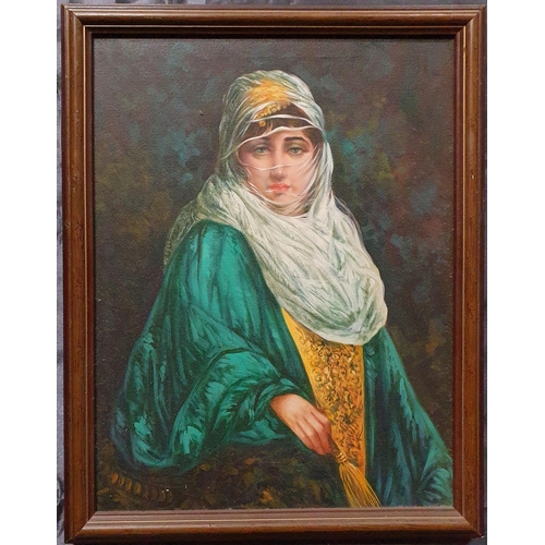 23 - A 20th Century Oil on Canvas of an Eastern Woman, possibly Arabic, in green and gold dress. No appar... 
