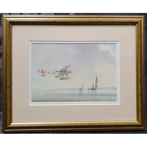 24 - B Barnes. A 20th Century Watercolour of an aeroplane in flight and boats in the distance. Signed LL.... 