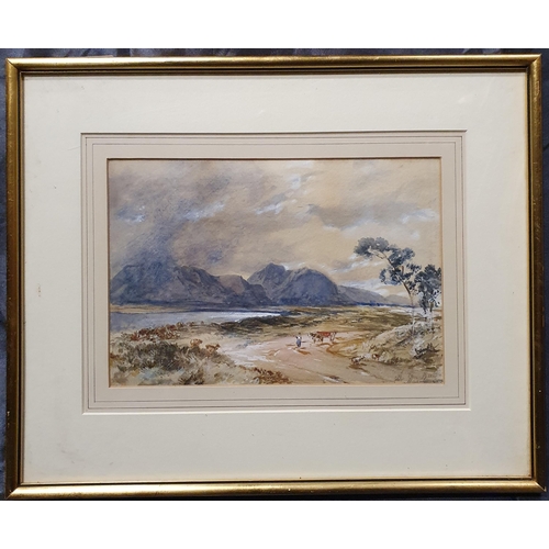 63 - A 19th Century Watercolour of a lake and mountains with man walking his animals. Signed indistinctly... 