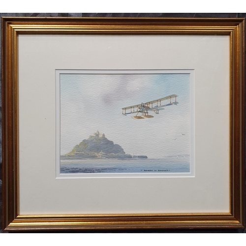 64 - A pair of early 20th Century Watercolours of early aircraft in full flight. Signed B Barnes LR. 17 x... 