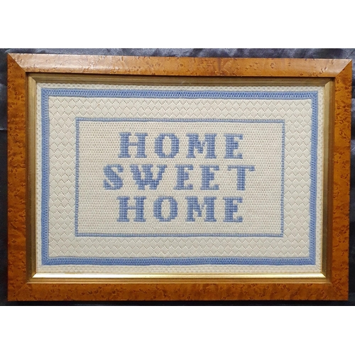 7 - An early 20th Century Tapestry and Needlework picture 'Home sweet home'. In a good birds eye maple f... 